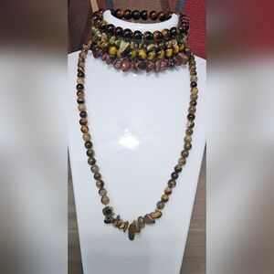 Five Piece Tiger Eye Stone Bracelet And Necklace Set 8 Mm Unisex Design